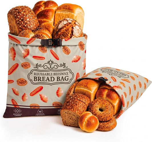 Beeswax Bread Bag 2 Pack, Reusable Linen Bread Bags for Homemade Bread, Extra Large Sourdough Bread Storage Bag, Natural Beeswax Lining Keeps Loaves Fresh Longer, Eco Friendly