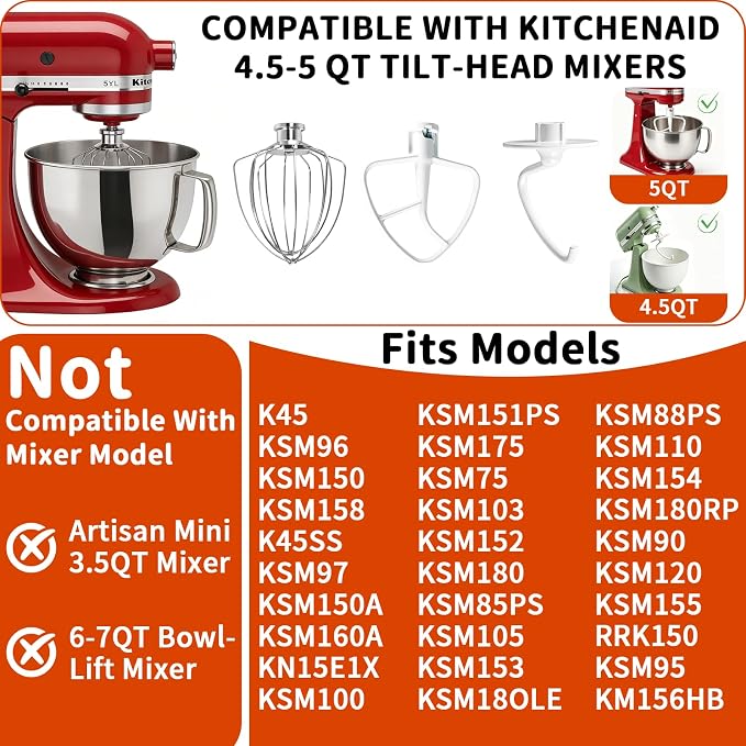 3-Piece Kit Stand Mixer Attachments Set for KitchenAid, Reinforced Stainless Steel Wire Whip & Upgraded Coated Flat Blade Paddle & Dough Hook, Fit for Kitchenaid 4.5-5QT Tilt-Head Stand Mixers