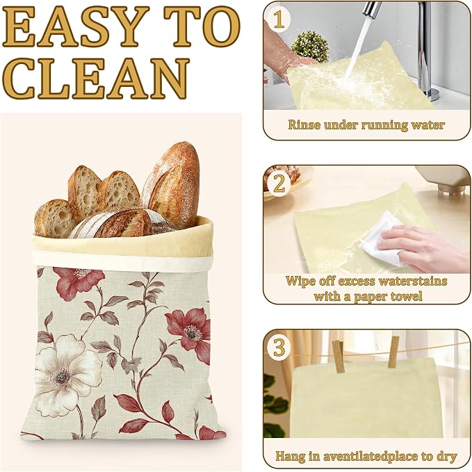 Red Floral Bread Bags for Homemade Bread, Vintage Garden 2 Pack Linen and Beeswax Sourdough Storage Bags, Reusable Keeper, Keeps Breads Fresh Longer, Gifts for Bakers