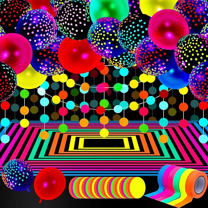 Skylety 32 Pcs Glow in The Dark Party Supplies Neon Party Favors with 25 Fluorescent Balloon 6 Rolls 98.4 ft UV Blacklight Luminous Tape 14.4 ft Neon Streamer Garland for Adults(Classic Dot)