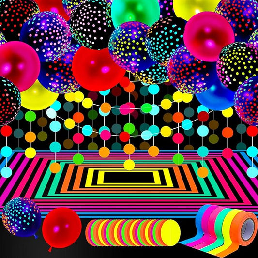 Skylety 32 Pcs Glow in The Dark Party Supplies Neon Party Favors with 25 Fluorescent Balloon 6 Rolls 98.4 ft UV Blacklight Luminous Tape 14.4 ft Neon Streamer Garland for Adults(Classic Dot)