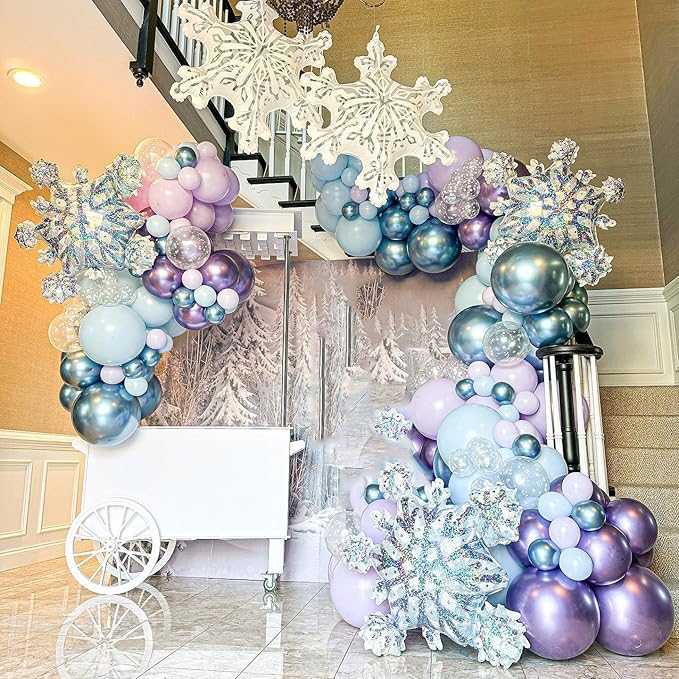 Frozen Balloon Arch Garland Kit, 164Pcs Winter Wonderland Balloon Arch Kit Blue Purple Clear Snowflake Balloons for Winter Wonderland Theme Baby Shower Snow Girl Princess Birthday Decorations