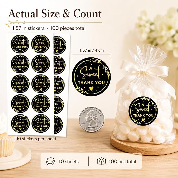 A Sweet Thank You Stickers, Black Gold Foil Favor Labels for Wedding, Baby Shower, Dessert Table, Small Business Packaging, Bakery Gift Wrapping & Party Supplies, 100PCS 1.6 Inch