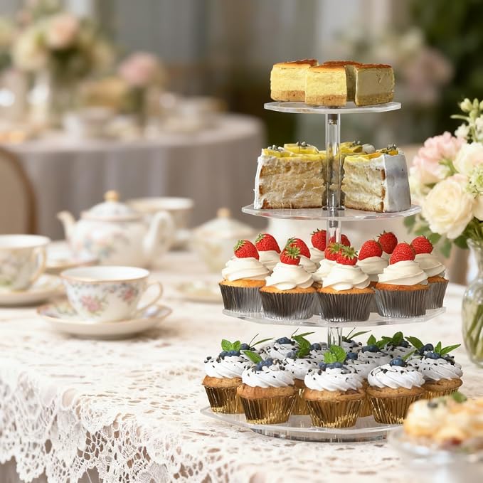 4-Tier Rotating Cupcake Stand, Clear Acrylic 360° Spinning Dessert Display Tower for Cakes & Pastries, Serving Stand for Weddings, Birthdays, Parties-Polygon