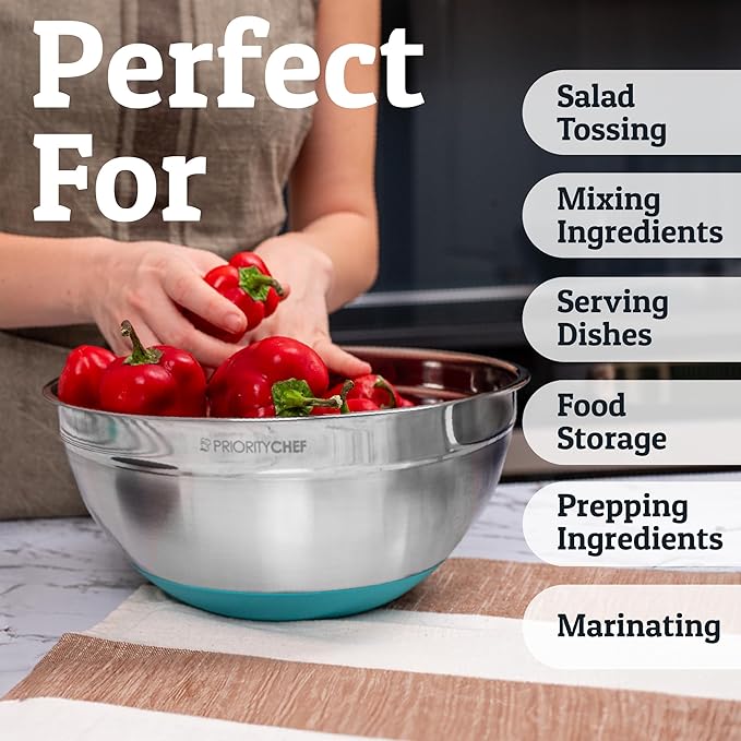 Priority Chef 6pc Stainless Steel Mixing Bowls with Lids Set, 7 Qt, Turq | 6pc Non-slip nesting bowls 1-7 qt, 3 graters & interior measurement marks; for meal prep, baking & airtight fridge storage