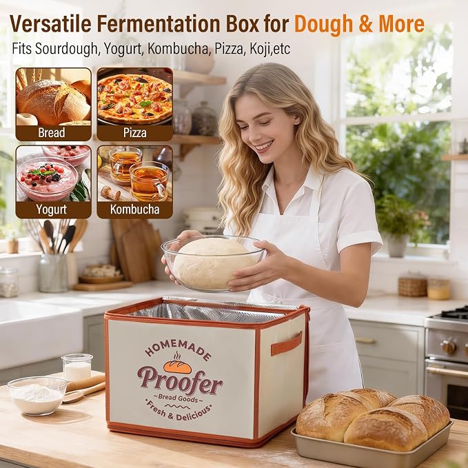 Foldable Bread Proofing Box, JOCXSPI 4-Sided Heating Dough Proofer for Sourdough Starter, 68–131°F Temp Control, 99H Timer, Metal Rack, Water Tray, Humidor for Pizza, Yogurt, Kombucha, Baking (Yellow)