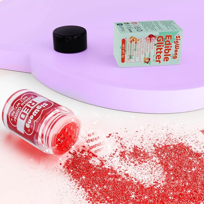Red Edible Glitter - 5g Food Grade Cake Decorating Shimmering Glitter, Edible Sprinkle Luster Dust for Drinks, Chocolates, Fondant, Strawberries, Cupcakes, Candy, Easter Cookie - Vegan