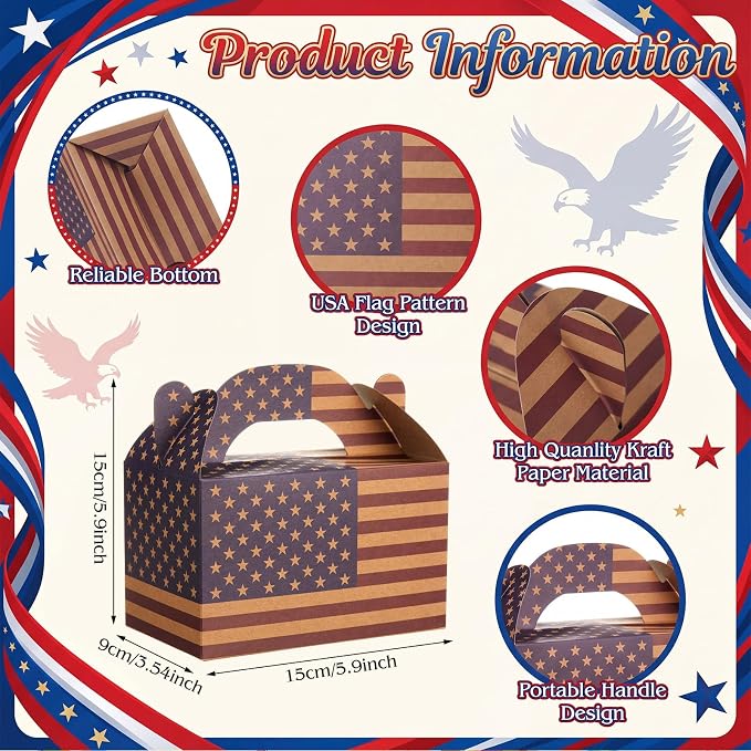 Colarr 48 Pcs 4th of July Treat Boxes Patriotic American Flag Prints Goodie Boxes with Handles 250th Anniversary Kraft Paper Cookie Box Candy Party Favor Box for Independence Day Celebration