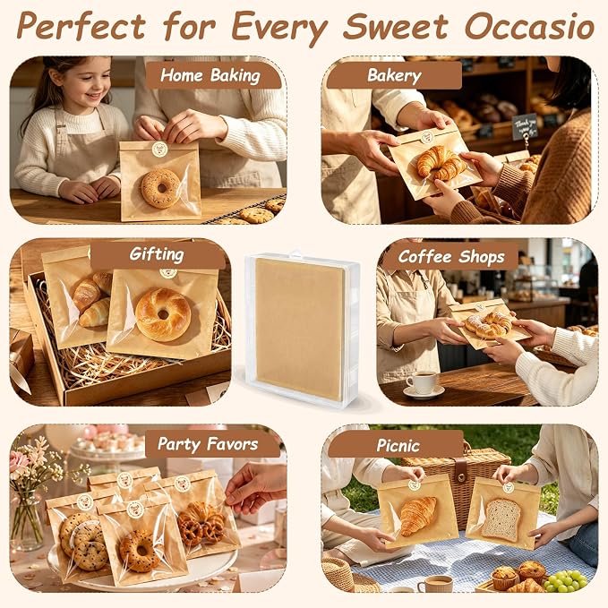 AgePlace 250 Pack Cookie Bags with Seal, 7.1 x 7.5 Inch Kraft Paper Bakery Bags with Window, Storage Box Included, Self Sealing & Grease Resistant Cookie Packaging for Donuts,Brownies,Scones & Muffins