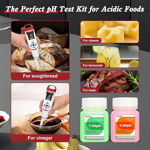 Food pH Meter with ATC, Spear Probe for Sourdough & Meat | Extended temperature electrode, color display, with calibration kit, for sourdough, kombucha, canning, sauce, cosmetic
