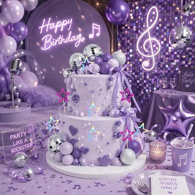 MEMOVAN Purple Disco Ball Cake Topper Singer Stars Cake Decorations | Kpop Cake Topper Popular Singer Birthday Cake Decorations Disco Ball Cake Decoration for Pop Music Disco Bachelorette Party