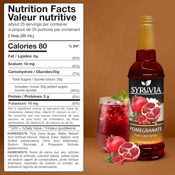 Syruvia Pomegranate Syrup, Flavored Syrup for Drinks, Lemonades, Iced Teas, and Desserts – 25.4 fl oz - with Pump