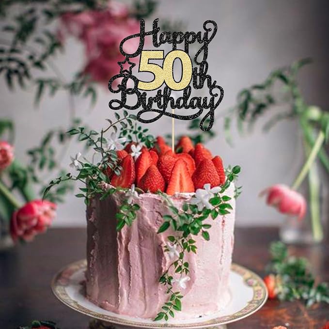 Ephlyn Happy 50th Birthday Cake Topper, 1Pc Black Gold Glitter, 5.9x8.7in, Paper, for Anniversary, Birthday Party Supplies