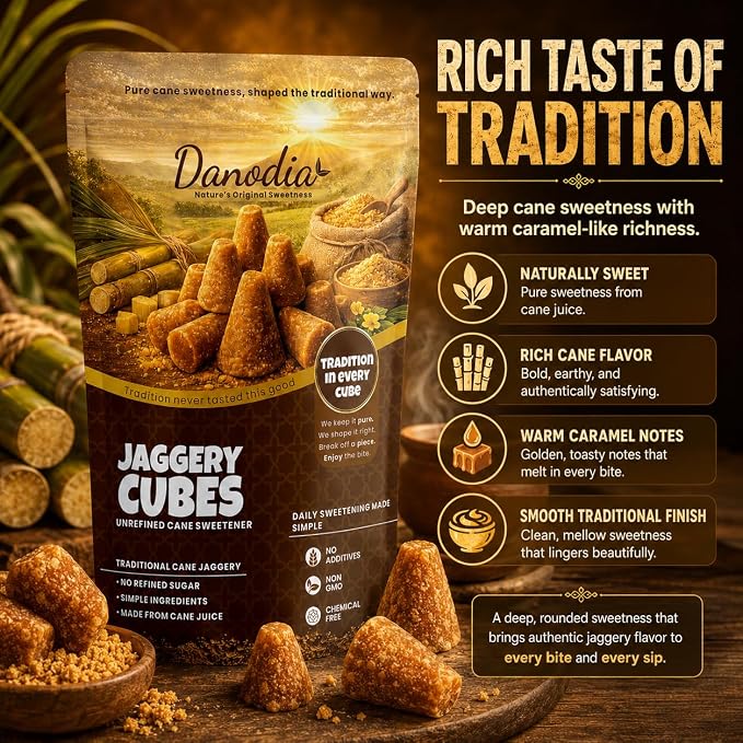 Danodia Foods Organic Jaggery Cubes, Cane Gur Sweetener, 1 lb Pack | Traditional sugarcane gur cubes for tea, coffee, cooking, baking, desserts and Indian pantry recipes; no preservatives used