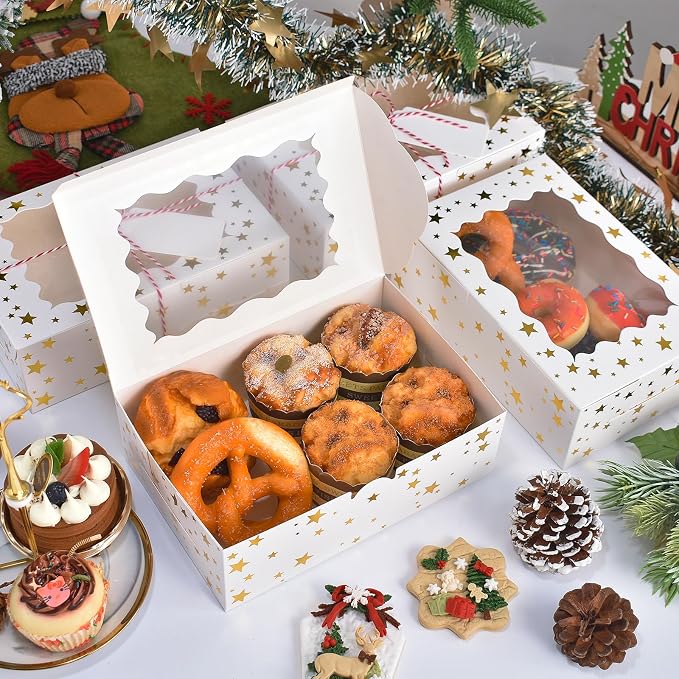 12Pcs 9"x6"x3" Christmas Cookie Boxes with Window, White Bakery Boxes for Cookie, Treat Boxes Pastry Boxes for Gift Giving, Chocolate Covered Strawberries, Dessert, Donut, Cupcakes Muffins