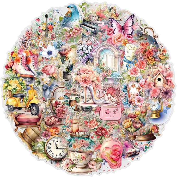 57PCS Transparent Artwork Scrapbook Stickers Pack, Vintage Aesthetic Flowers Stickers for Scrapbook Journal, Waterproof for Water Bottles Laptop Phone Scrapbook Supplies DIY Crafts