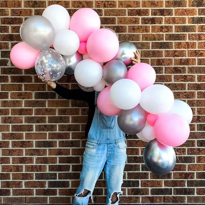 Pink and Silver Balloon Arch Kit, Metallic Silver Macaron Pink Balloon Garland Kit, Helium Latex Balloons Different Sizes for Wedding Bridal Shower Baby Shower Party Decorations