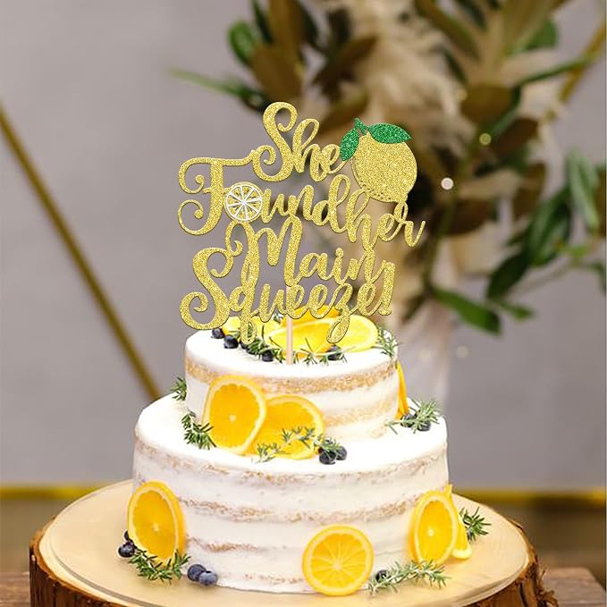 1 PCS She Found Her Main Squeeze Cake Topper Glitter Fruit Lemon Bridal Shower Cake Pick Decoration for Lemon Theme Wedding Engagement Bridal Shower Bachelorette Party Cake Decorations Supplies