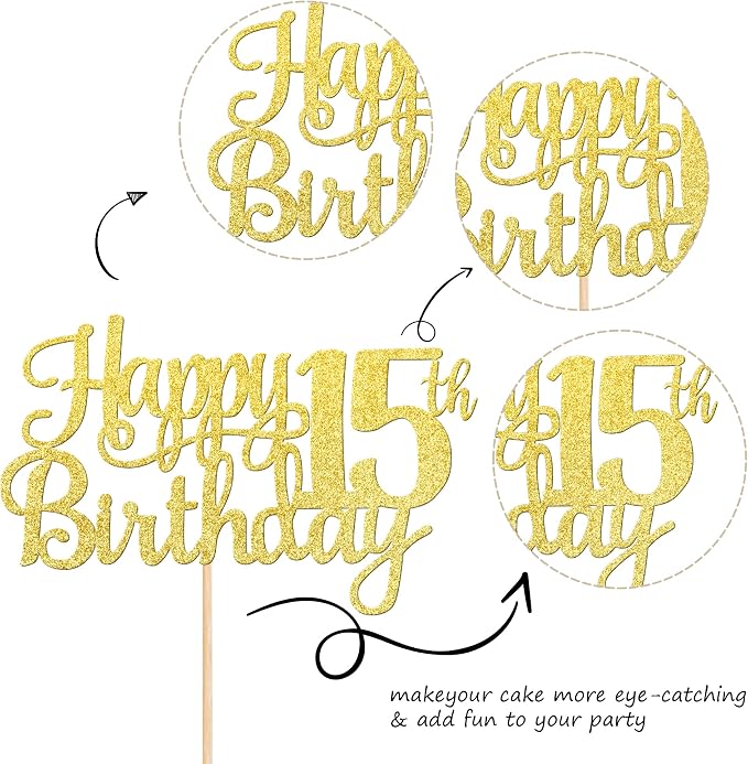 1 PCS Happy 15th Birthday Cake Topper Gold Glitter Cheers to 15 Years Birthday Cake Pick Mis Quince 15 Fabulous Cake Decoration for Happy 15th Birthday Theme Party Decorations Supplies