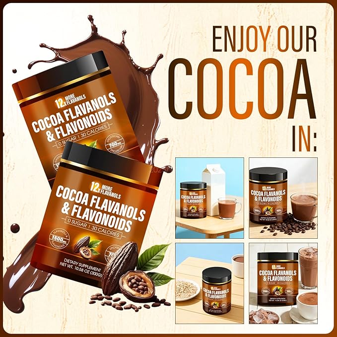 High Flavanol Cocoa Powder – 𝟏𝟓𝟎𝟎𝐦𝐠 Flavanols with 𝟕𝟎𝟎𝐦𝐠 Naturally Occurring Epicatechin, 𝟏𝟐𝐗 𝐌𝐨𝐫𝐞 𝐅𝐥𝐚𝐯𝐚𝐧𝐨𝐥𝐬 𝐓𝐡𝐚𝐧 𝐂𝐨𝐜𝐨𝐚 Antioxidant Support for Circulation, Energy & Daily Wellness, Non-Alkalized Cocoa (1)