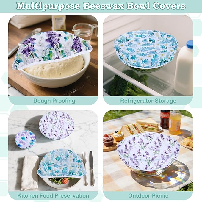 5-Size Reusable Beeswax Bowl Covers for Bread Proofing, Cotton Cloth Flexible Beeswax Wraps for Food Storage(Lilacs)
