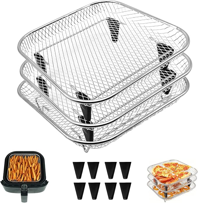 3 Tiers Stackable Air Fryer Racks, 8"x8"x1.7" Stainless Steel Square Dehydrator Trays Air Fryer Accessories with Non-slip Feet for Ninja Cosori Chefman Instant Airfryer
