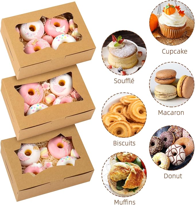 TOMNK 24pcs 8x6x2.5 Inches Cookie Boxes, Bakery Boxes with 3 Style Window, Treat Boxes, Pastry Pie Boxes for Chocolate Strawberries, Donuts, Cupcakes, Muffins and Dessert