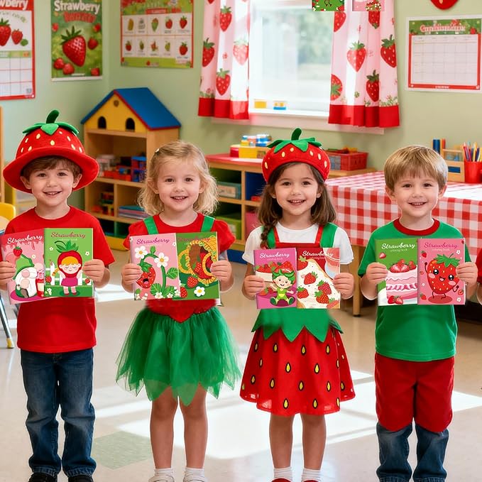 BenLouis 12 Strawberry Mini Coloring Books Kids with 12 Stacking Crayons Berry Party Favors Small Activity Books Bulk for Kids Girl Fruit First Party Gift Goodie Bag Stuffers