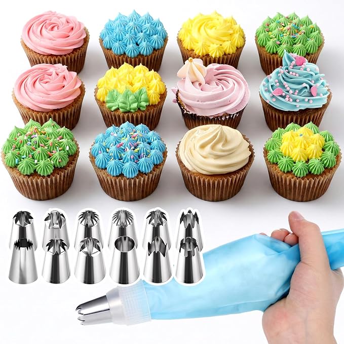 14Pcs Large Piping Tips Set, Stainless Steel Icing Nozzles Kit with Reusable Pastry Bag Cake Decorating Tip Set for DIY Pastry Dough, Cookie, Cupcake, Cakes and Baking