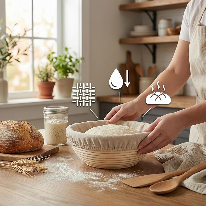 8 PCS Bread Proofing Basket Cloth Liner (3 Round & 3 Oval) & 2 Sourdough Starter Jar Covers, 10 Inch Banneton Basket Cover for Sourdough Baking, Reusable Dough Bowl Liner (Combo)
