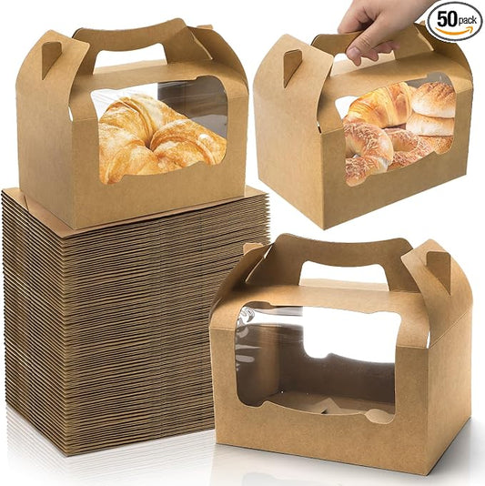 50 Pack Large Gable Box with Window, 9"x6"x6" Kraft Paper Party Favor Treat Box, Goodie Gift Boxes with Handle, Lunch Togo Boxes for Christmas Birthday Wedding Picnic Bakery Catering