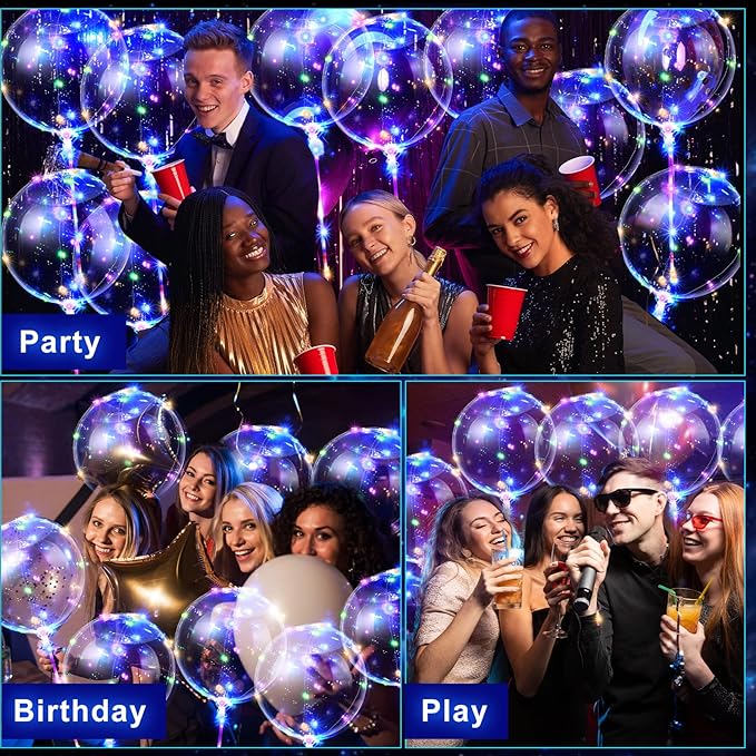 Vinsot 30 Pack LED Bobo Balloons Light Up Balloons Clear Helium Bubble Bobo Glow with String Lights for Parties Birthday Wedding Decoration(Multi Color Light 20 Inch)