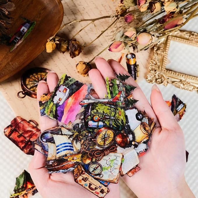 56 pcs Watercolor Vintage Travel Adventure Clear PET Stickers, Camping Hiking Compass Map Luggage Transparent Die-Cut Decals, Waterproof Stickers for Journal Scrapbook Planner DIY Outdoor Craft Decor