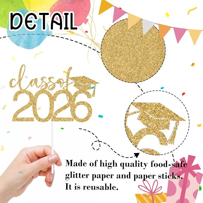Class of 2026 Cake Topper, Congrats 2026 Cake Décor, Congrats Grad, Happy Graduation, High School/Senior/University Graduation Party Decorations Gold Glitter