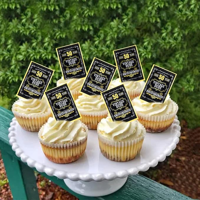 40Pcs Edible Rectangle 50th Birthday Card Cupcake Toppers Edible Black 50 Vintage Dude Awesomeness Cupcake Picks Drink Toppers for 50th Vintage Birthday Anniversary Party Decorations