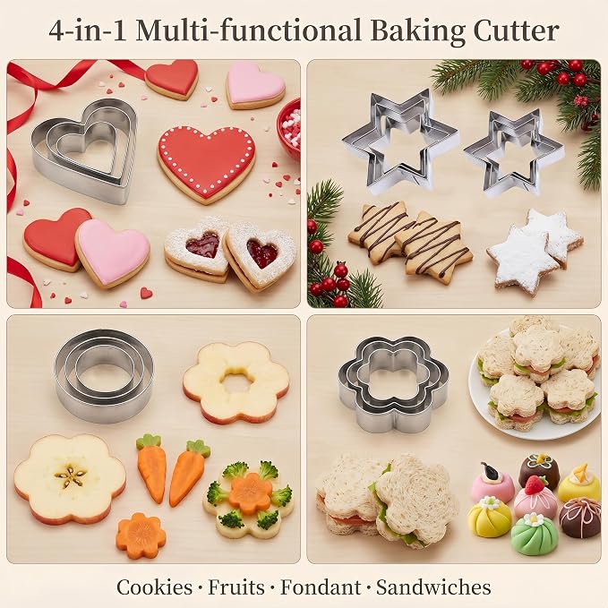 Stainless Steel Cookie Cutters Set 12 Pcs, Star, Flower, Heart, Round Shapes Cookie Cutters Variety Pack for Home Party Holiday Baking