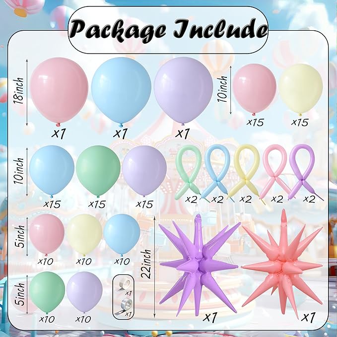 Carnival Circus Pastel Balloon Arch Garland Kit, 143pcs Pastel Macaron Balloons Explosion Star Foil Balloons for Oh The Places You' ll Go Party Birthday Baby Shower Decorations