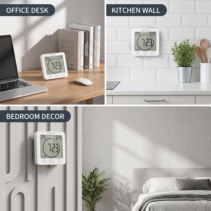 2Pcs Digital Shower Clock, Bathroom Timer Clock, Waterproof for Water Spray, Count Up Count Down Alarm, Touch Screen Timer, Temperature Humidity, Wall Clock Magnet, Suction Cup, Stand (2packs)