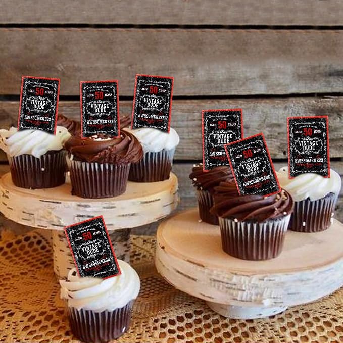40Pcs Edible Rectangle Aged to 50 Years Card Cupcake Toppers Edible Black Red 50 Vintage Dude Awesomeness Cupcake Picks Drink Toppers for 50th Vintage Birthday Anniversary Party Decorations