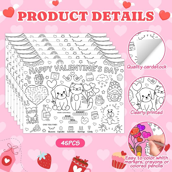 45pcs Valentine's Day Disposable Coloring Placemats Valentines Day Crafts for Kids Valentine Party Favors Coloring Poster Valentine Party Supplies School Classroom Activities Paper Table Mats