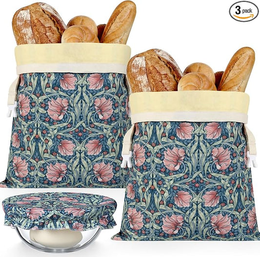 Reusable Beeswax Bread Bags for Homemade Bread Sourdough (2 Pcs 13x17in Bags + 10in Bowl Cover) Floral Cotton 100% Natural Beeswax Coating, Plastic-free Food Storage Wrap(Blue Flower)