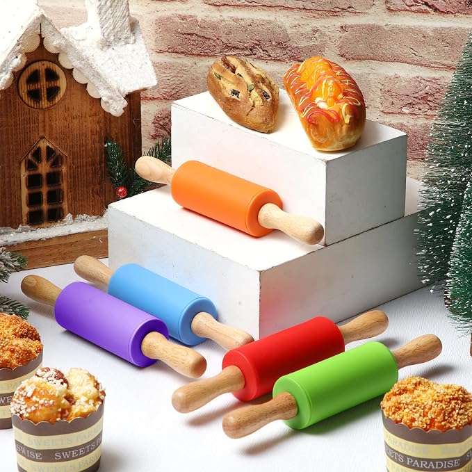 Thenshop 10 Pcs 9 Inch Mini Rolling Pins Kids with Wooden Handle, 5 Colors Silicone Non-stick Small Dough Roller for Kids, Home Kitchen Baking Supplies for Cookie Pastry Fondant Cake