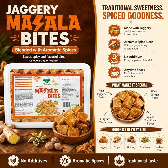 Danodia Foods Masala Jaggery Bites, Cane Gur Sweetener, 1 lb, Pantry Snack | Snackable spiced gur pieces and cane sweetener for chai, tea, coffee, desserts and pantry use; no preservatives used; recipes