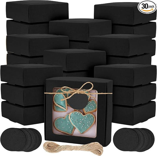 30PCS Cookie Boxes Black with Window - 4.13 x 4.13 x 1.18 Inch Durable Packaging for Baked Goods Small Bakery Containers for Pastries Gift Giving Bulk Food Storage Elegant Display for Desserts