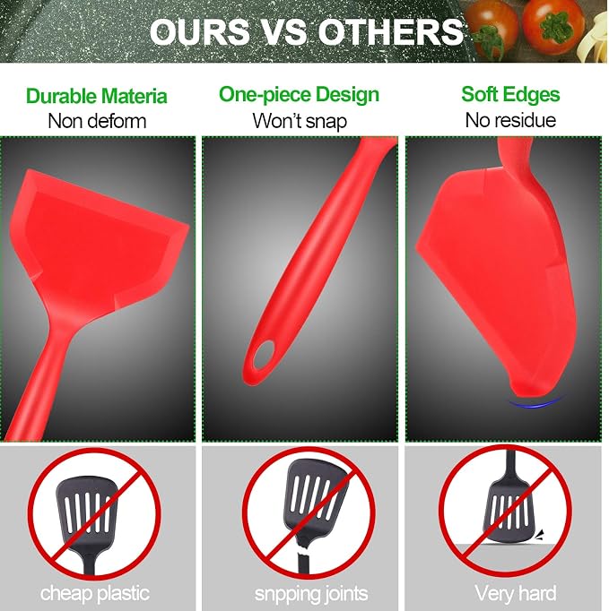 Shappy 2 Pcs Wide Spatula Tamagoyaki Omelette Silicone Shovel Turner Nonstick Fried Fish Spatula Wide Flexible Turner for Nonstick Cookware Egg Cookie Pancake(Black, Red)