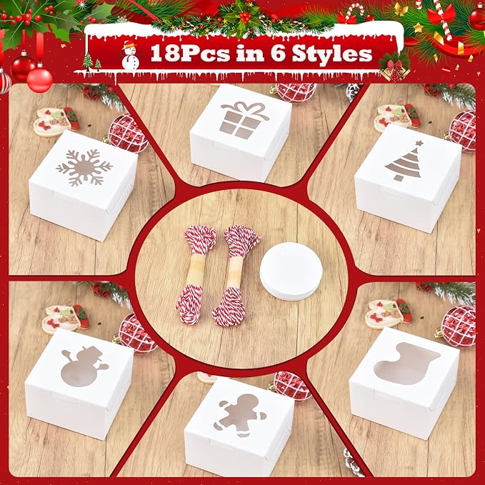 COTOPHER 18Pcs Christmas Cookie Boxes with Window, 4x4x2.5 inch White Bakery Boxes for Gift Giving, Mini Cake Boxes Holiday Pastries Boxes for Cakes Muffins Donuts Chocolate Strawberries