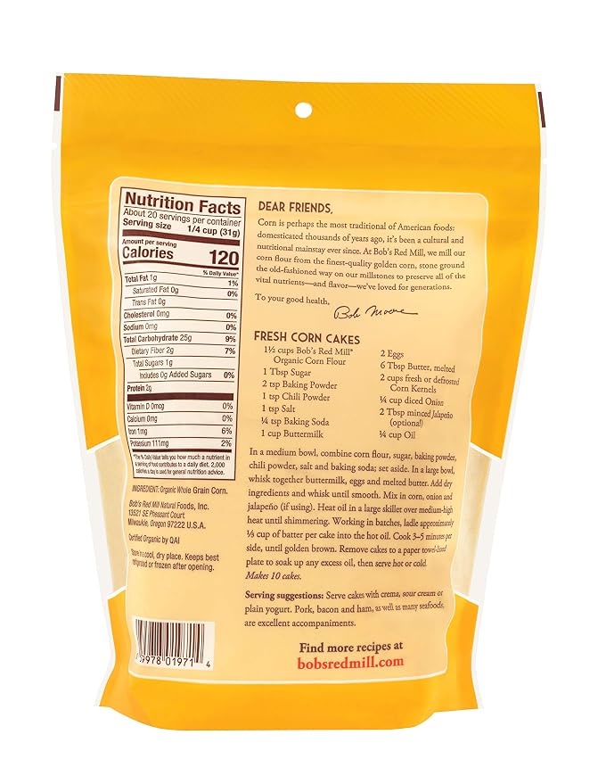 Bob's Red Mill Organic Corn Flour, 22oz (Pack of 4) - Organic, Non GMO, Whole Grain, Vegan, Kosher
