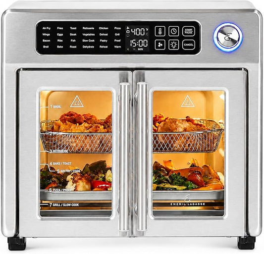Emeril Lagasse Extra Large French Door Air Fryer Toaster Oven Combo, 24 Cooking Functions and Digital Controls, 7 Accessories Included, Stainless Steel Finish, 26QT Capacity