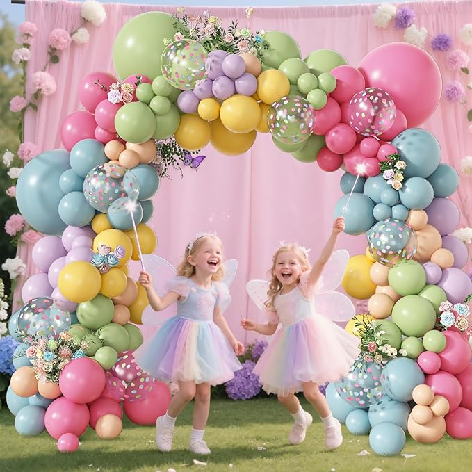 Amandir 153Pcs Flower Balloons Arch Garland Kit Different Sizes 18 12 10 5inch Pink Green Yellow Dusty Blue Spring Wildflower Balloons for Floral Baby in Bloom Shower Daisy Birthday Party Decorations