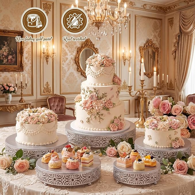 Wenqik 5 Pcs Metal Silver Cake Stand, 8" 10" 12" 14" 16" Large Round Cupcake Stand Dessert Table Display Set Golden Cake Holder for Wedding Birthday Party Bridal Shower Anniversary Table Decoration